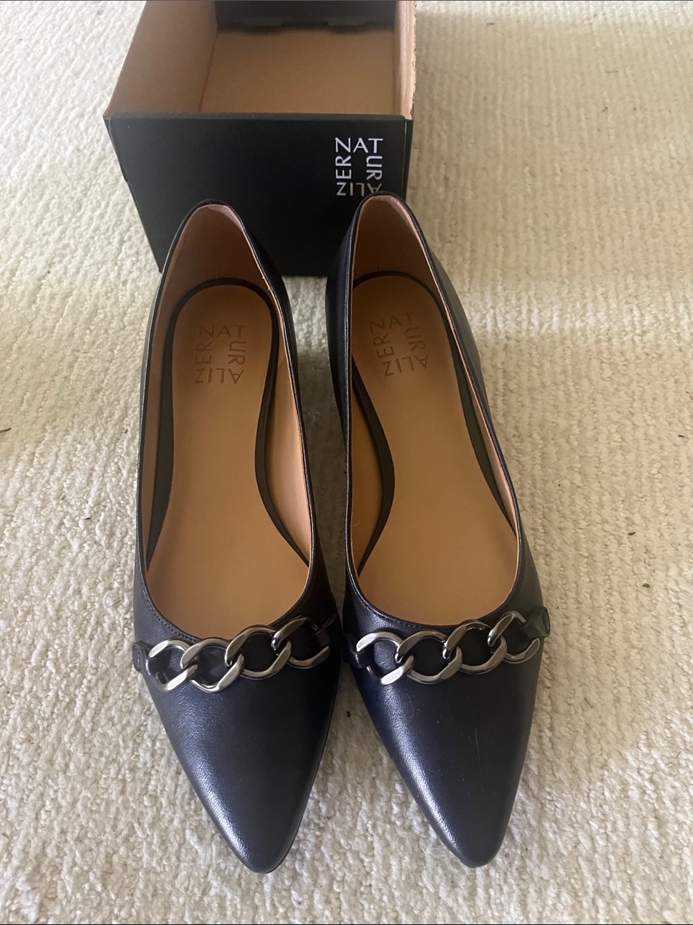 Naturalizer Navy Pointed Toe Flats with Silver Chain Accent